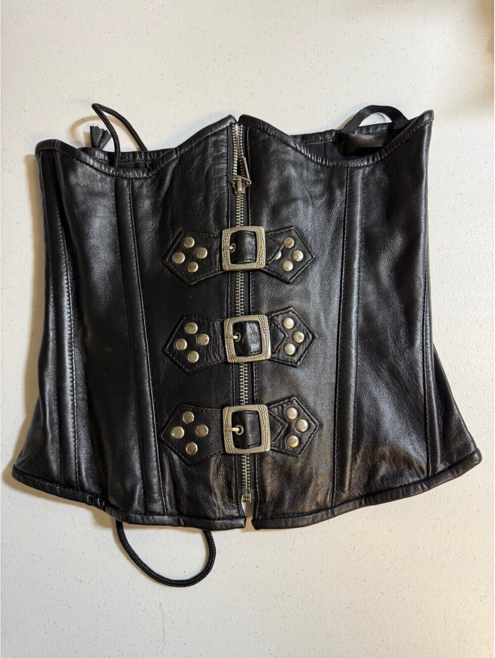 Black Genuine Soft Leather Corset Top with Buckle and Lace-Up Detail, Size Small